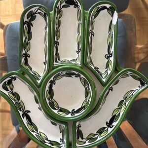 Green and White Hand-Shaped Ceramic Art Tray